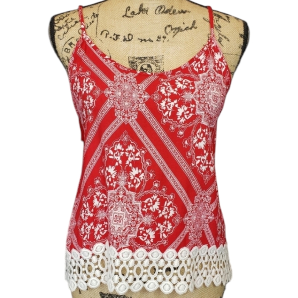 NWOT Liberty Love Boho Tank Top Red White Crochet Hem